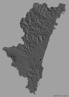 Miyazaki 'nin şekli, Japonya' nın başkenti, koyu renk arka planda izole edilmiş. Çift seviyeli yükseklik haritası. 3B görüntüleme