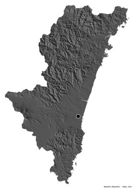 Japonya 'nın Miyazaki ili, başkenti beyaz arka planda izole edilmiş. Çift seviyeli yükseklik haritası. 3B görüntüleme