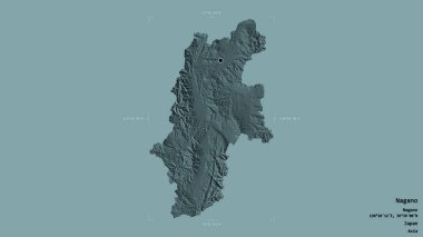 Nagano bölgesi, Japonya vilayeti, jeoreferatlı bir sınır kutusunun sağlam bir arka planında izole edilmiş. Etiketler. Renkli yükseklik haritası. 3B görüntüleme