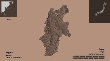 Nagano 'nun şekli, Japonya vilayeti ve başkenti. Uzaklık ölçeği, ön gösterimler ve etiketler. Renkli yükseklik haritası. 3B görüntüleme