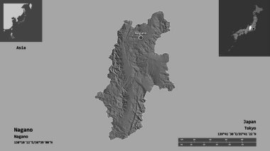 Nagano 'nun şekli, Japonya vilayeti ve başkenti. Uzaklık ölçeği, ön gösterimler ve etiketler. Çift seviyeli yükseklik haritası. 3B görüntüleme