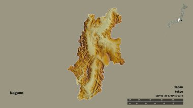 Japonya 'nın başkenti Nagano' nun şekli, sermayesi katı bir zemin üzerinde izole edilmiştir. Uzaklık ölçeği, bölge önizlemesi ve etiketleri. Topografik yardım haritası. 3B görüntüleme