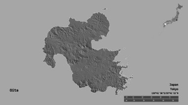 Japonya 'nın Oita ili, başkenti katı bir zemin üzerinde izole edilmiştir. Uzaklık ölçeği, bölge önizlemesi ve etiketleri. Çift seviyeli yükseklik haritası. 3B görüntüleme
