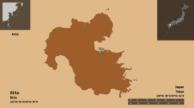 Oita 'nın şekli, Japonya vilayeti ve başkenti. Uzaklık ölçeği, ön gösterimler ve etiketler. Desenli dokuların bileşimi. 3B görüntüleme