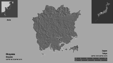 Okayama 'nın şekli, Japonya vilayeti ve başkenti. Uzaklık ölçeği, ön gösterimler ve etiketler. Çift seviyeli yükseklik haritası. 3B görüntüleme