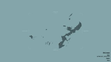 Okinawa bölgesi, Japonya ili, jeoreferatlı bir sınır kutusunda sağlam bir arka planda izole edilmiş. Etiketler. Renkli yükseklik haritası. 3B görüntüleme