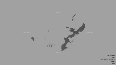 Okinawa bölgesi, Japonya ili, jeoreferatlı bir sınır kutusunda sağlam bir arka planda izole edilmiş. Etiketler. Çift seviyeli yükseklik haritası. 3B görüntüleme