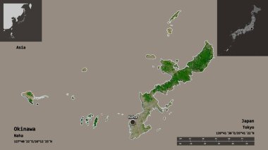 Okinawa 'nın şekli, Japonya vilayeti ve başkenti. Uzaklık ölçeği, ön gösterimler ve etiketler. Uydu görüntüleri. 3B görüntüleme