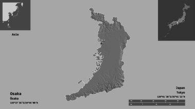 Osaka 'nın şekli, Japonya' nın şehir merkezi ve başkenti. Uzaklık ölçeği, ön gösterimler ve etiketler. Çift seviyeli yükseklik haritası. 3B görüntüleme