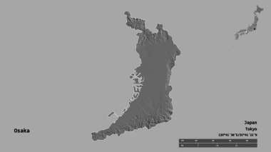 Japonya 'nın şehir merkezi Osaka' nın şekli, başkenti sağlam bir arka planda izole edilmiştir. Uzaklık ölçeği, bölge önizlemesi ve etiketleri. Çift seviyeli yükseklik haritası. 3B görüntüleme