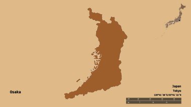 Japonya 'nın şehir merkezi Osaka' nın şekli, başkenti sağlam bir arka planda izole edilmiştir. Uzaklık ölçeği, bölge önizlemesi ve etiketleri. Desenli dokuların bileşimi. 3B görüntüleme