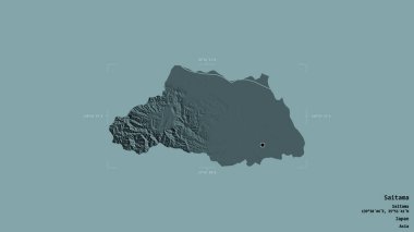 Saitama bölgesi, Japonya vilayeti, jeoreferatlı bir sınır kutusunda sağlam bir arka planda izole edilmiş. Etiketler. Renkli yükseklik haritası. 3B görüntüleme