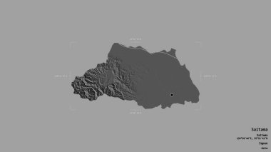 Saitama bölgesi, Japonya vilayeti, jeoreferatlı bir sınır kutusunda sağlam bir arka planda izole edilmiş. Etiketler. Çift seviyeli yükseklik haritası. 3B görüntüleme