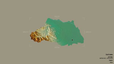 Saitama bölgesi, Japonya vilayeti, jeoreferatlı bir sınır kutusunda sağlam bir arka planda izole edilmiş. Etiketler. Topografik yardım haritası. 3B görüntüleme