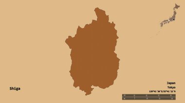 Japonya 'nın başkenti Shiga' nın katı bir arka planda izole edilmiş hali. Uzaklık ölçeği, bölge önizlemesi ve etiketleri. Desenli dokuların bileşimi. 3B görüntüleme