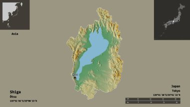 Shiga 'nın şekli, Japonya vilayeti ve başkenti. Uzaklık ölçeği, ön gösterimler ve etiketler. Topografik yardım haritası. 3B görüntüleme