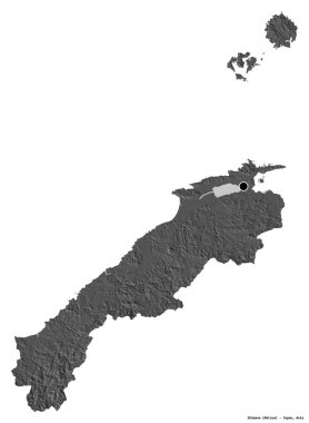 Japonya 'nın başkenti Shimane' nin beyaz arka planda izole edilmiş hali. Çift seviyeli yükseklik haritası. 3B görüntüleme