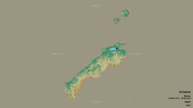 Shimane bölgesi, Japonya vilayeti, jeoreferatlı bir sınır kutusunda sağlam bir arka planda izole edilmiş. Etiketler. Topografik yardım haritası. 3B görüntüleme