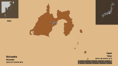 Shizuoka 'nın şekli, Japonya vilayeti ve başkenti. Uzaklık ölçeği, ön gösterimler ve etiketler. Desenli dokuların bileşimi. 3B görüntüleme