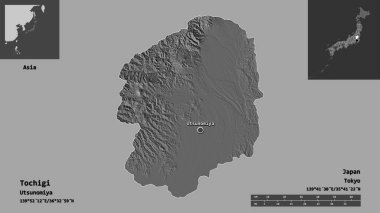 Tochigi 'nin şekli, Japonya vilayeti ve başkenti. Uzaklık ölçeği, ön gösterimler ve etiketler. Çift seviyeli yükseklik haritası. 3B görüntüleme
