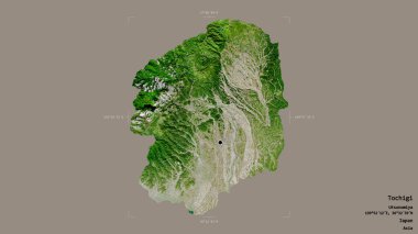 Tochigi bölgesi, Japonya vilayeti, jeoreferatlı bir sınır kutusunda sağlam bir arka planda izole edilmiş. Etiketler. Uydu görüntüleri. 3B görüntüleme