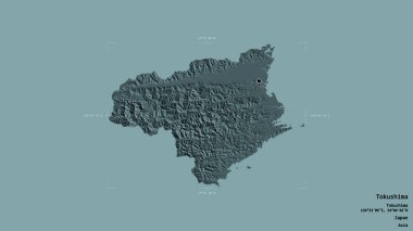 Tokushima bölgesi, Japonya vilayeti, jeoreferatlı bir sınır kutusunda sağlam bir arka planda izole edilmiş. Etiketler. Renkli yükseklik haritası. 3B görüntüleme