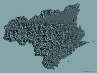Tokushima 'nın şekli, Japonya' nın başkenti, koyu renk arka planda izole edilmiş. Renkli yükseklik haritası. 3B görüntüleme