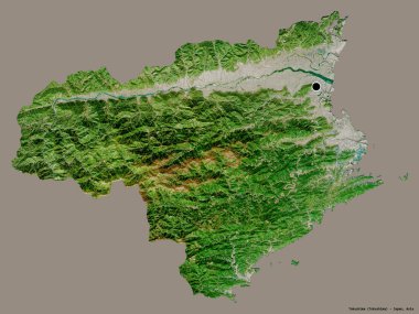Tokushima 'nın şekli, Japonya' nın başkenti, koyu renk arka planda izole edilmiş. Uydu görüntüleri. 3B görüntüleme