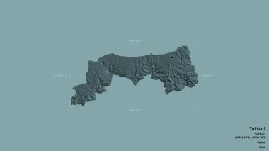 Tottori bölgesi, Japonya vilayeti, jeoreferatlı bir sınır kutusunda sağlam bir arka planda izole edilmiş. Etiketler. Renkli yükseklik haritası. 3B görüntüleme