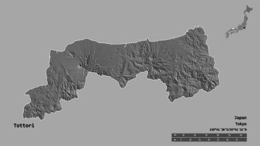 Japonya 'nın Tottori bölgesi, başkenti sağlam bir zemin üzerinde izole edilmiş. Uzaklık ölçeği, bölge önizlemesi ve etiketleri. Çift seviyeli yükseklik haritası. 3B görüntüleme