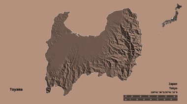 Japonya 'nın Toyama ili, başkenti sağlam bir zemin üzerinde izole edilmiştir. Uzaklık ölçeği, bölge önizlemesi ve etiketleri. Renkli yükseklik haritası. 3B görüntüleme