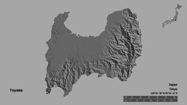 Japonya 'nın Toyama ili, başkenti sağlam bir zemin üzerinde izole edilmiştir. Uzaklık ölçeği, bölge önizlemesi ve etiketleri. Çift seviyeli yükseklik haritası. 3B görüntüleme