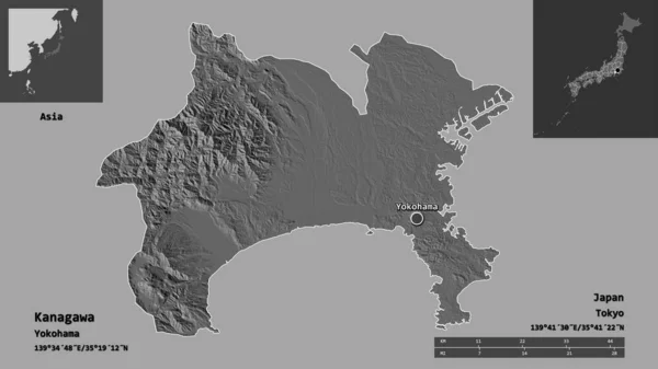 神奈川県 日本の県 首都の形 距離スケール プレビューおよびラベル 標高マップ 3Dレンダリング — ストック写真