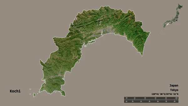 日本科奇县的形状 其首都在坚实的背景下与世隔绝 距离尺度 区域预览和标签 卫星图像 3D渲染 — 图库照片