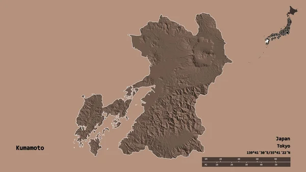 日本熊本的形状 其首都在坚实的背景下与世隔绝 距离尺度 区域预览和标签 彩色高程图 3D渲染 — 图库照片