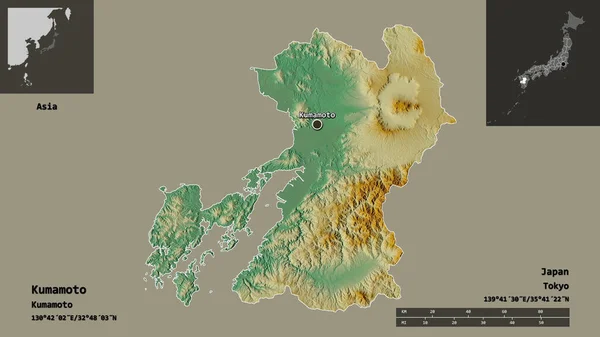 Form Kumamoto Prefekturen Japan Och Dess Huvudstad Avståndsskala Förhandsvisningar Och — Stockfoto