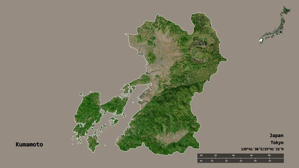 日本熊本的形状 其首都在坚实的背景下与世隔绝 距离尺度 区域预览和标签 卫星图像 3D渲染 — 图库照片
