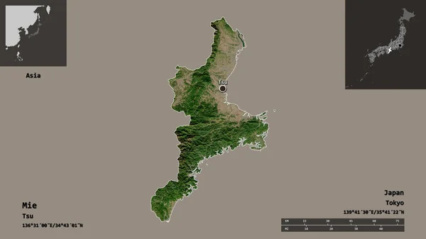 Форма Міе Префектура Японії Столиця Масштаб Відстаней Превью Етикетки Супутникові — стокове фото