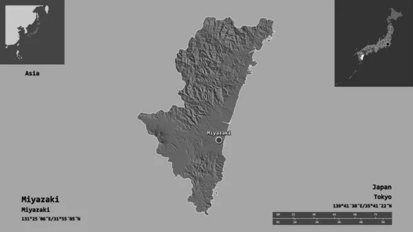 宮崎県 日本の県とその首都の形 距離スケール プレビューおよびラベル 標高マップ 3Dレンダリング — ストック写真