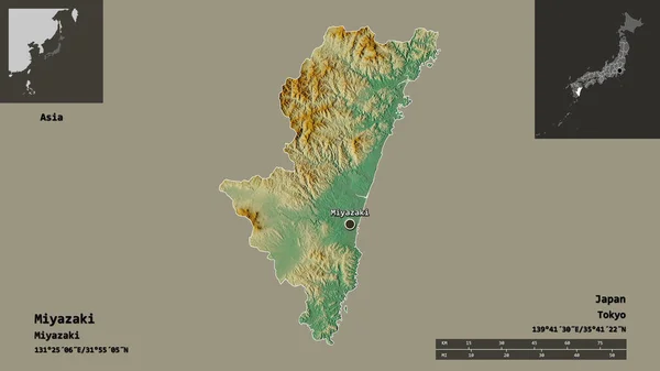 日本宫崎县及其首府的形状 距离刻度 预览和标签 地形浮雕图 3D渲染 — 图库照片