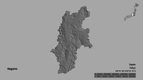 日本长野的形状 其首都在坚实的背景下与世隔绝 距离尺度 区域预览和标签 Bilevel高程图 3D渲染 — 图库照片