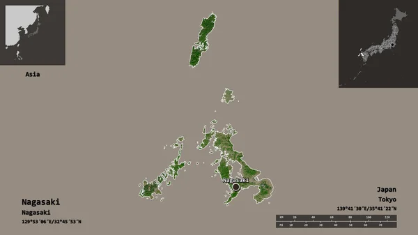 日本长崎的形状和它的首都 距离刻度 预览和标签 卫星图像 3D渲染 — 图库照片