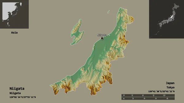 新潟県 日本の県とその首都の形 距離スケール プレビューおよびラベル 地形図 3Dレンダリング — ストック写真