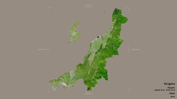 日本の新潟県のエリアは 洗練された境界の箱の中にしっかりとした背景に隔離されています ラベル 衛星画像 3Dレンダリング — ストック写真