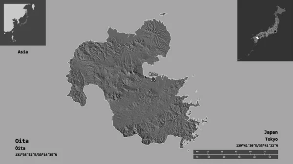大分県 日本の県とその首都の形 距離スケール プレビューおよびラベル 標高マップ 3Dレンダリング — ストック写真