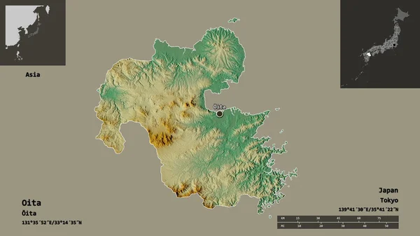 大分県 日本の県とその首都の形 距離スケール プレビューおよびラベル 地形図 3Dレンダリング — ストック写真