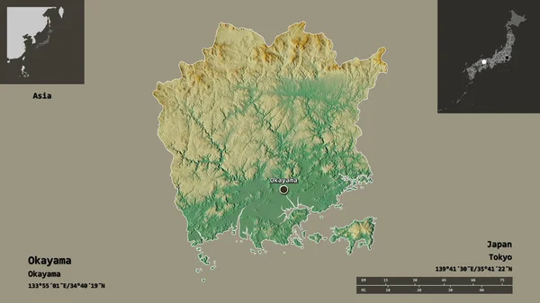 日本冈山的形状和它的首都 距离刻度 预览和标签 地形浮雕图 3D渲染 — 图库照片