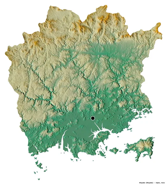 日本冈山的形状 其首都被白色背景隔离 地形浮雕图 3D渲染 — 图库照片