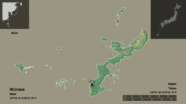 Okinawa Nın Şekli Japonya Vilayeti Başkenti Uzaklık Ölçeği Gösterimler Etiketler — Stok fotoğraf