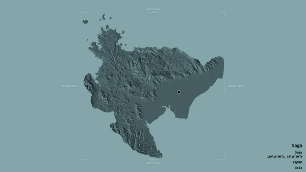 日本佐贺地区 在一个地理参考方块中被隔离在坚实的背景下 彩色高程图 3D渲染 — 图库照片